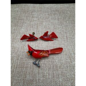 Vintage Hand-Painted Wooden Cardinal Pin & Screwback Earrings Set